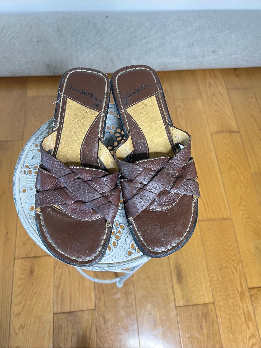 Thom McAn Brown Braided Leather Slide Sandals